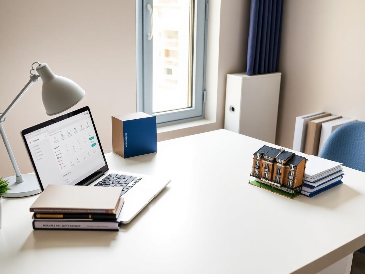 Aufgeräumter Arbeitsplatz mit Laptop, Unterlagen und einem Gebäudemodell für Immobilienaufgaben