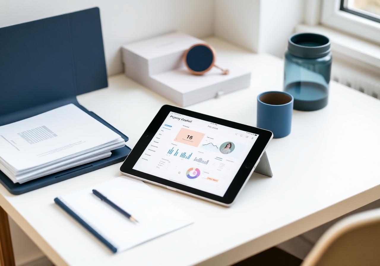 Geordnete STWEG-Unterlagen und Übersicht auf einem Tablet