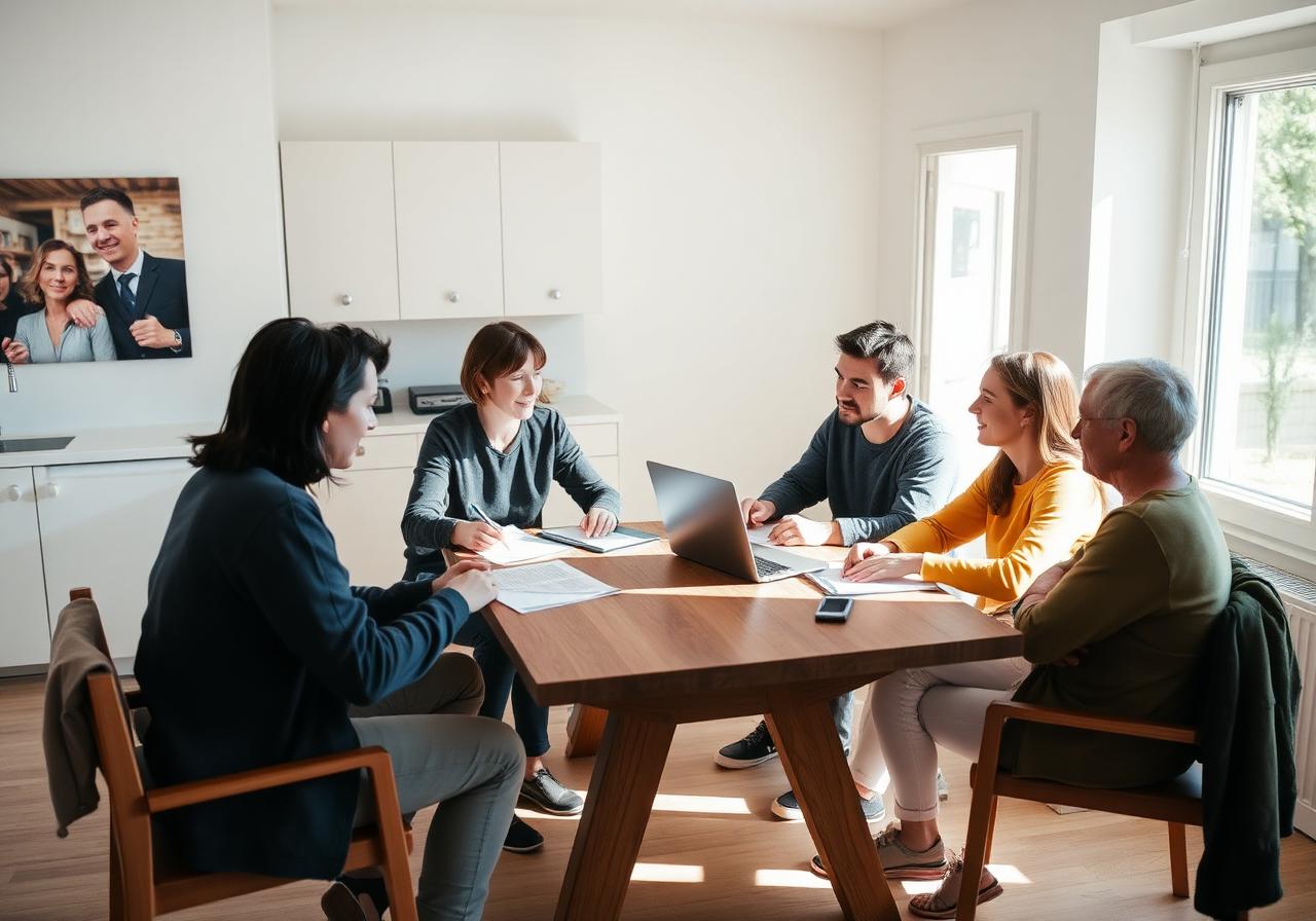 Stockwerkeigentümer besprechen Unterlagen am Tisch