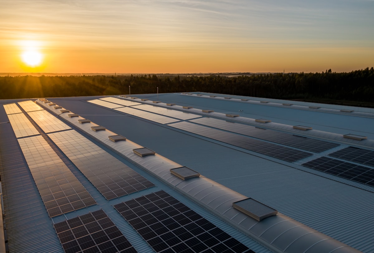 Photovoltaik-Module bei Sonnenuntergang — Sinnbild für den Solar-Boom in der Schweiz